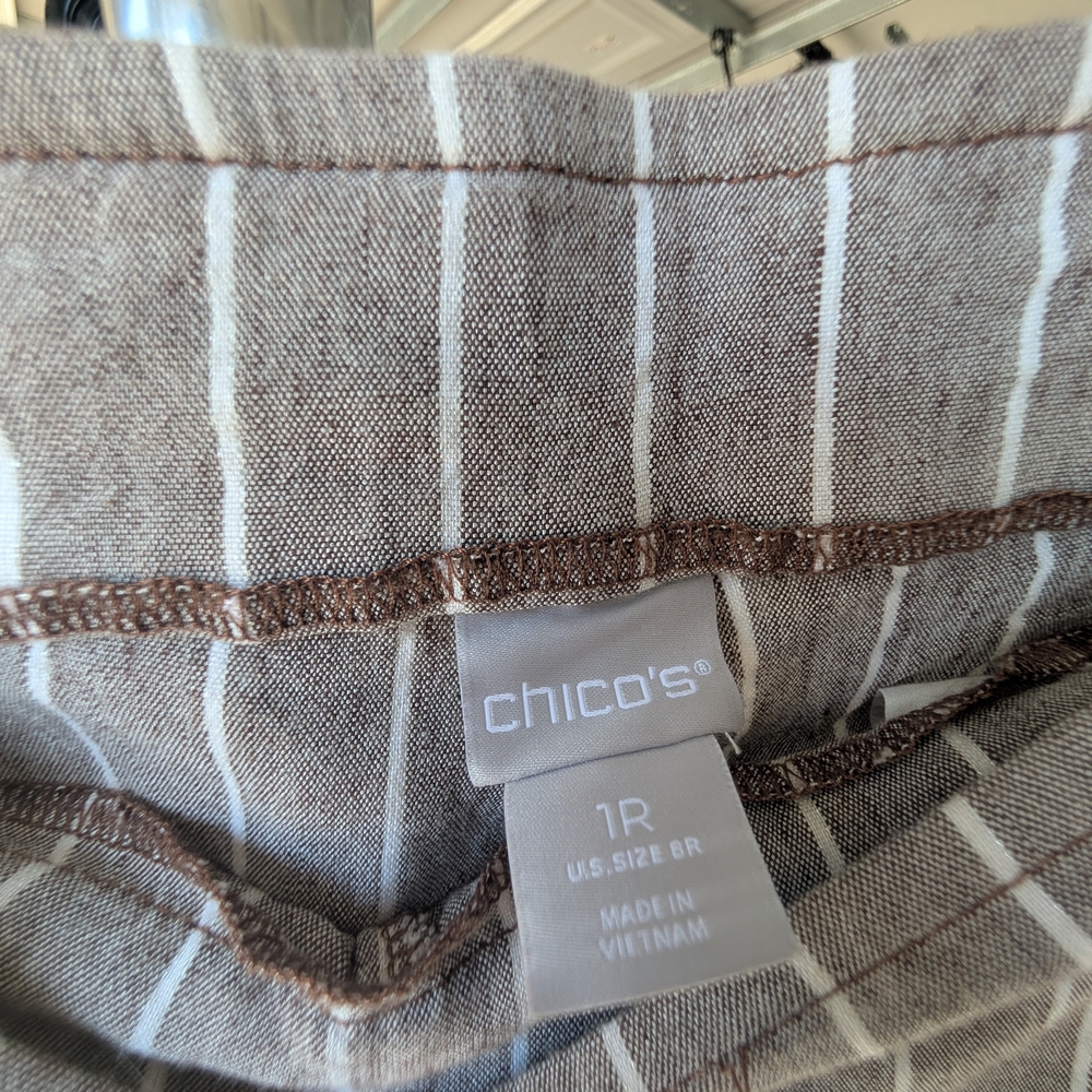 Chico's Taupe and White Pinstripe Blouse